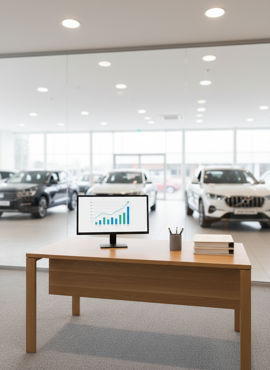 A bright, organized automotive office corner in a dealership, with a simple, modern desk made of light wood, a slim computer monitor displaying a generic car finance graph, and a small stack of blank, unbranded contract folders beside a neutral pen holder. Behind the desk, a full-height glass wall reveals a blurred view of several parked cars in the indoor showroom. Soft overhead lighting combines with daylight from the showroom to create an evenly lit, welcoming atmosphere. Photographed at a slightly elevated angle in clean, realistic style, the scene subtly communicates financing and consultation without using any logos or readable text, emphasizing professionalism and transparency.