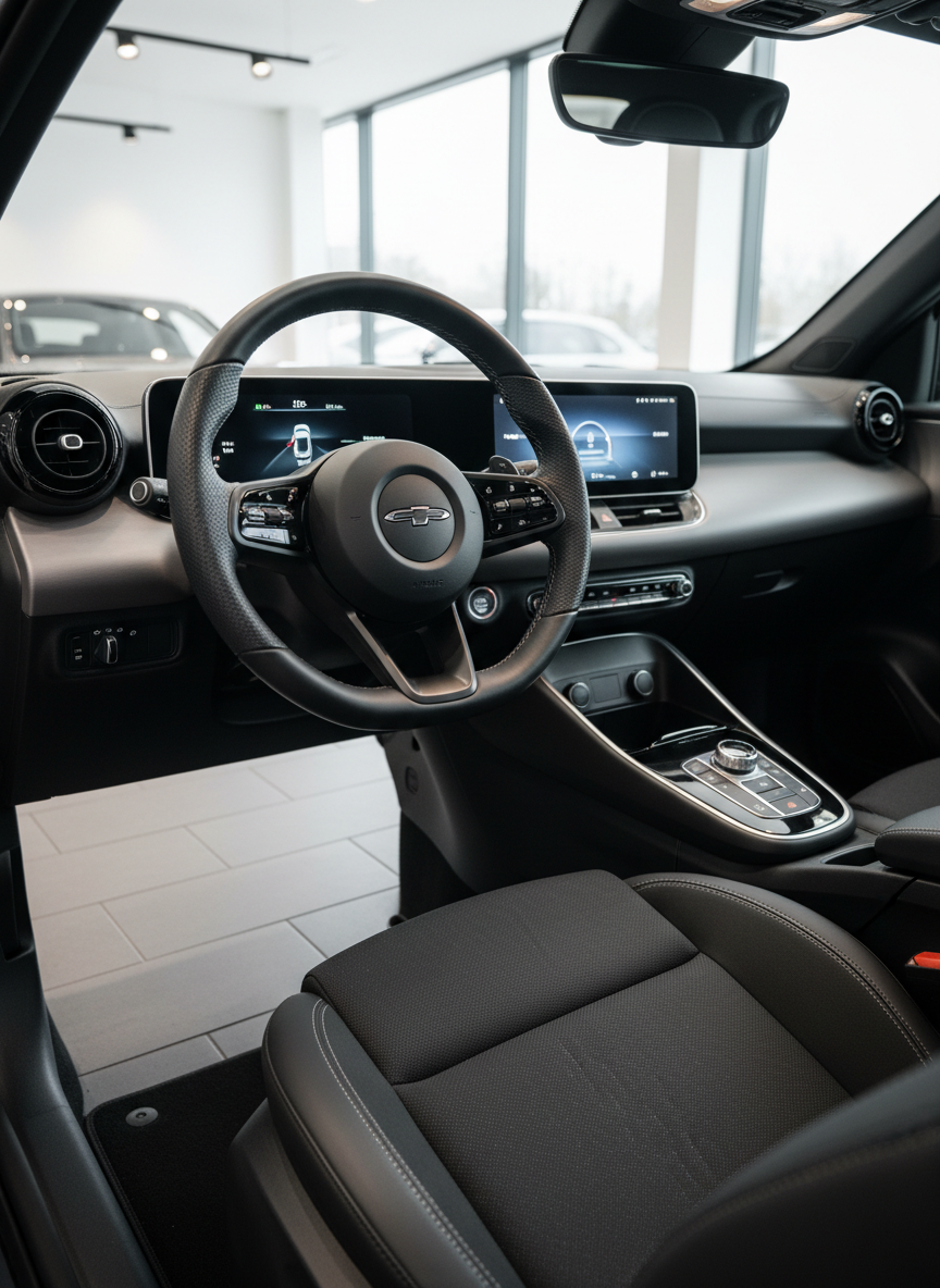 The sleek interior of a compact premium car, photographed from the open driver’s door, showing a black leather steering wheel with subtle stitching, a clean digital instrument cluster, and a brushed-aluminum center console. The seats are dark fabric with fine texture and supportive bolsters, appearing freshly detailed. The car is parked inside a bright showroom bay with neutral grey flooring and large windows, diffusing daylight over the dashboard and creating soft highlights on the controls. The mood is calm, modern, and inviting, with photographic realism and a shallow depth of field keeping the cockpit in sharp focus while the background of other blurred vehicles and a neutral wall suggests a professional dealership environment.
