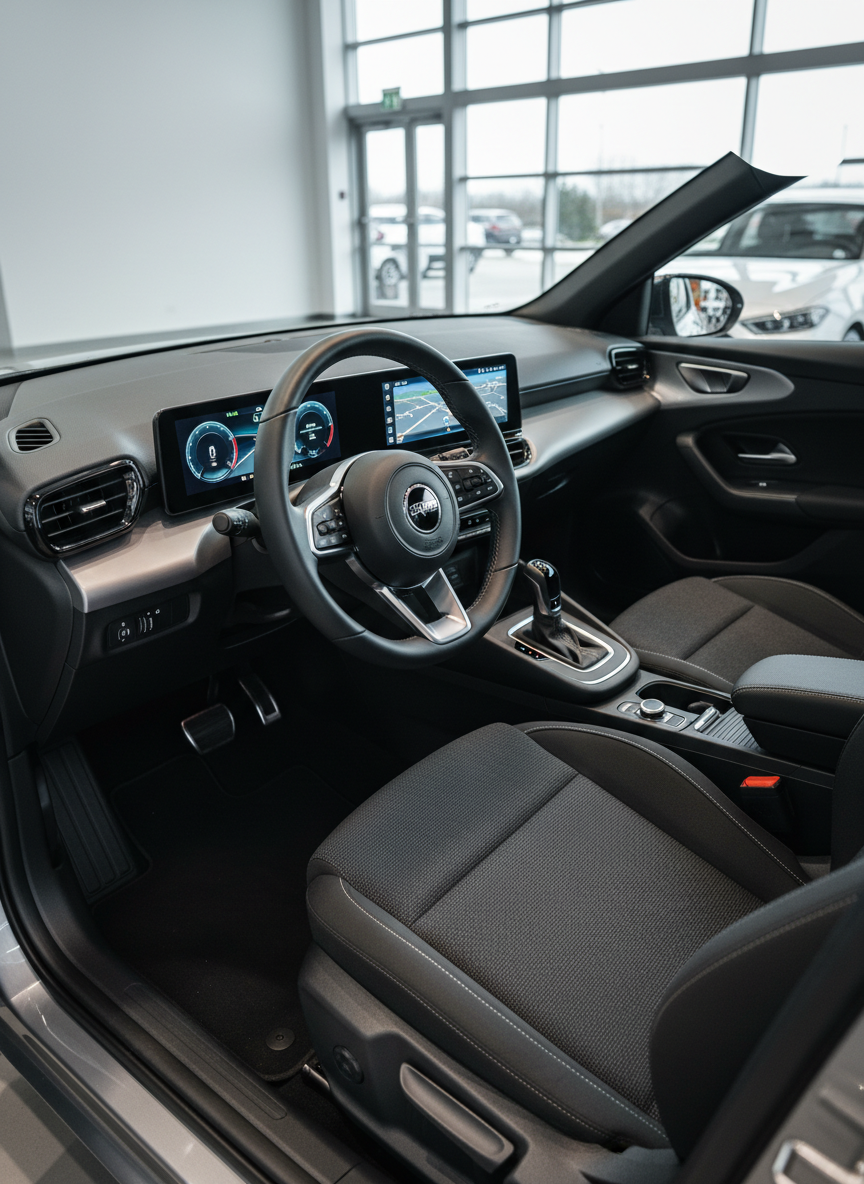 The sleek interior of a compact premium car, photographed from the open driver’s door, showing a black leather steering wheel with subtle stitching, a clean digital instrument cluster, and a brushed-aluminum center console. The seats are dark fabric with fine texture and supportive bolsters, appearing freshly detailed. The car is parked inside a bright showroom bay with neutral grey flooring and large windows, diffusing daylight over the dashboard and creating soft highlights on the controls. The mood is calm, modern, and inviting, with photographic realism and a shallow depth of field keeping the cockpit in sharp focus while the background of other blurred vehicles and a neutral wall suggests a professional dealership environment.