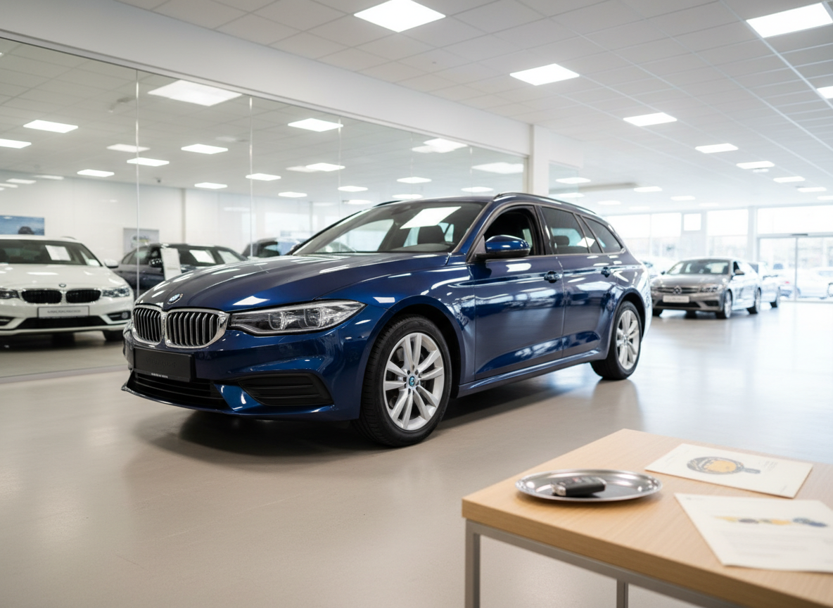 A tidy indoor delivery bay where a recently sold dark blue station wagon stands centered on smooth, light-grey concrete flooring, its paint reflecting soft overhead LED lighting. On a low side table, a neutral, unbranded key fob rests in a small presentation tray next to a simple, generic brochure about vehicle handover and financing, all without readable text or logos. Through a wide interior window, a blurred background of other vehicles on display hints at the larger inventory. Captured from a slightly low angle in realistic photographic style, the atmosphere feels celebratory yet professional, highlighting the moment of vehicle pickup and the structured, reliable process of this Bochum dealership.