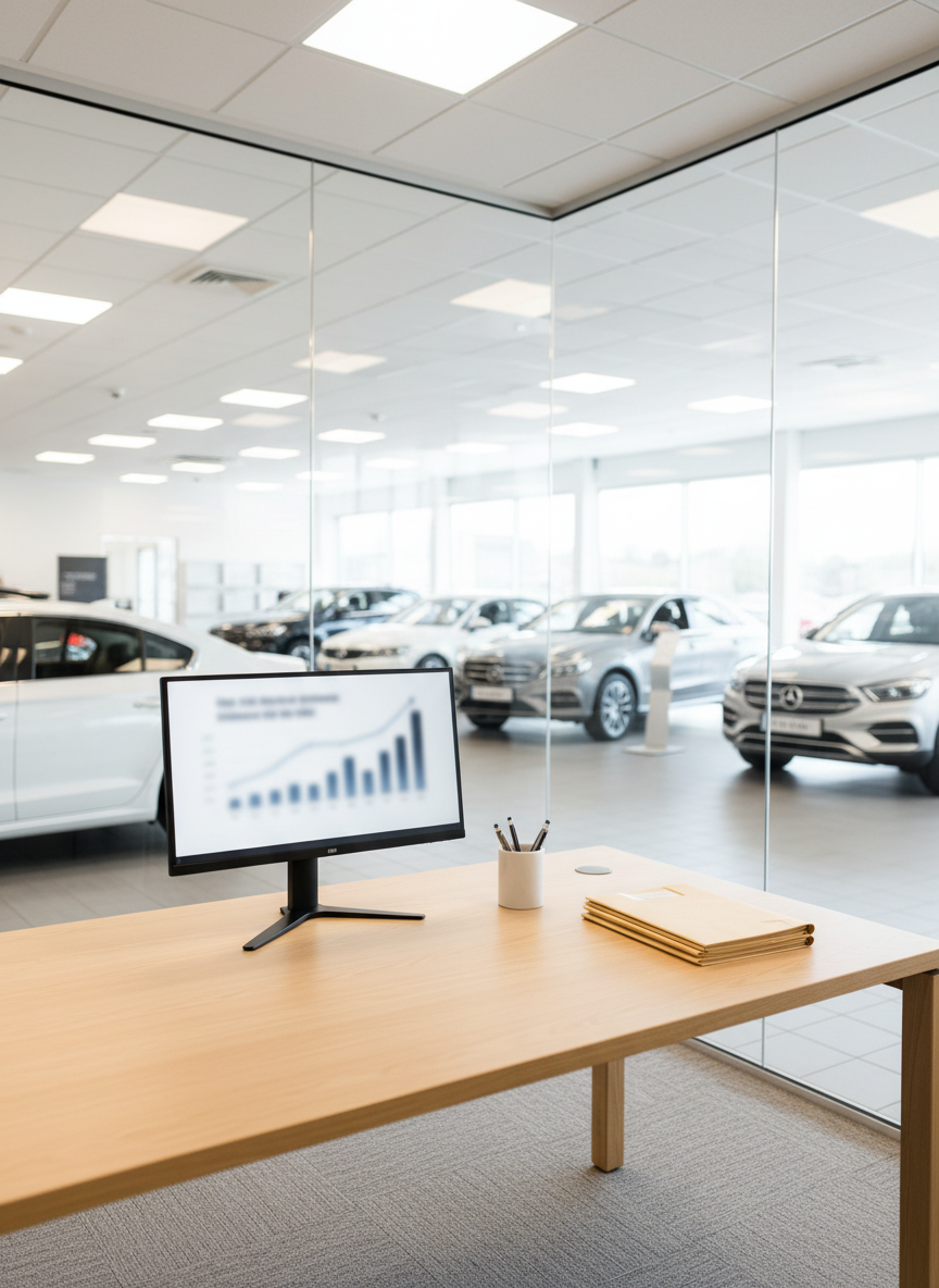 A bright, organized automotive office corner in a dealership, with a simple, modern desk made of light wood, a slim computer monitor displaying a generic car finance graph, and a small stack of blank, unbranded contract folders beside a neutral pen holder. Behind the desk, a full-height glass wall reveals a blurred view of several parked cars in the indoor showroom. Soft overhead lighting combines with daylight from the showroom to create an evenly lit, welcoming atmosphere. Photographed at a slightly elevated angle in clean, realistic style, the scene subtly communicates financing and consultation without using any logos or readable text, emphasizing professionalism and transparency.