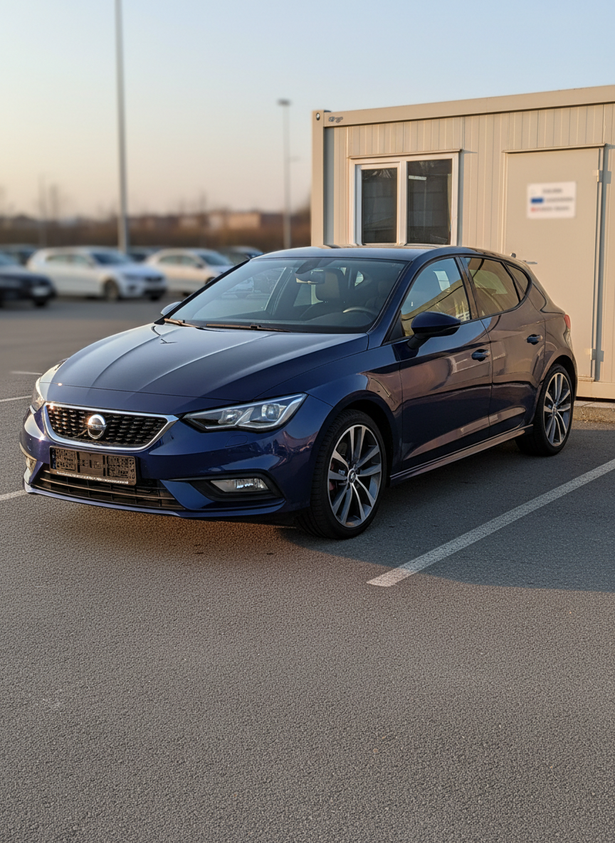 A glossy mid-size hatchback parked on a clean, paved lot, positioned three-quarters to the camera so both front grille and side profile are visible. The car features bright LED headlights, alloy wheels, and a shiny, well-maintained exterior, suggesting a carefully selected used vehicle. In the background, a neutral office container with a large window and a simple, generic signboard hints at phone-based appointment scheduling, with no text readable. Early evening golden-hour light casts warm reflections along the car’s bodywork and long, soft shadows on the ground. The composition uses the rule of thirds, with photographic realism and clear focus on the vehicle, symbolizing imported cars available via online platforms.
