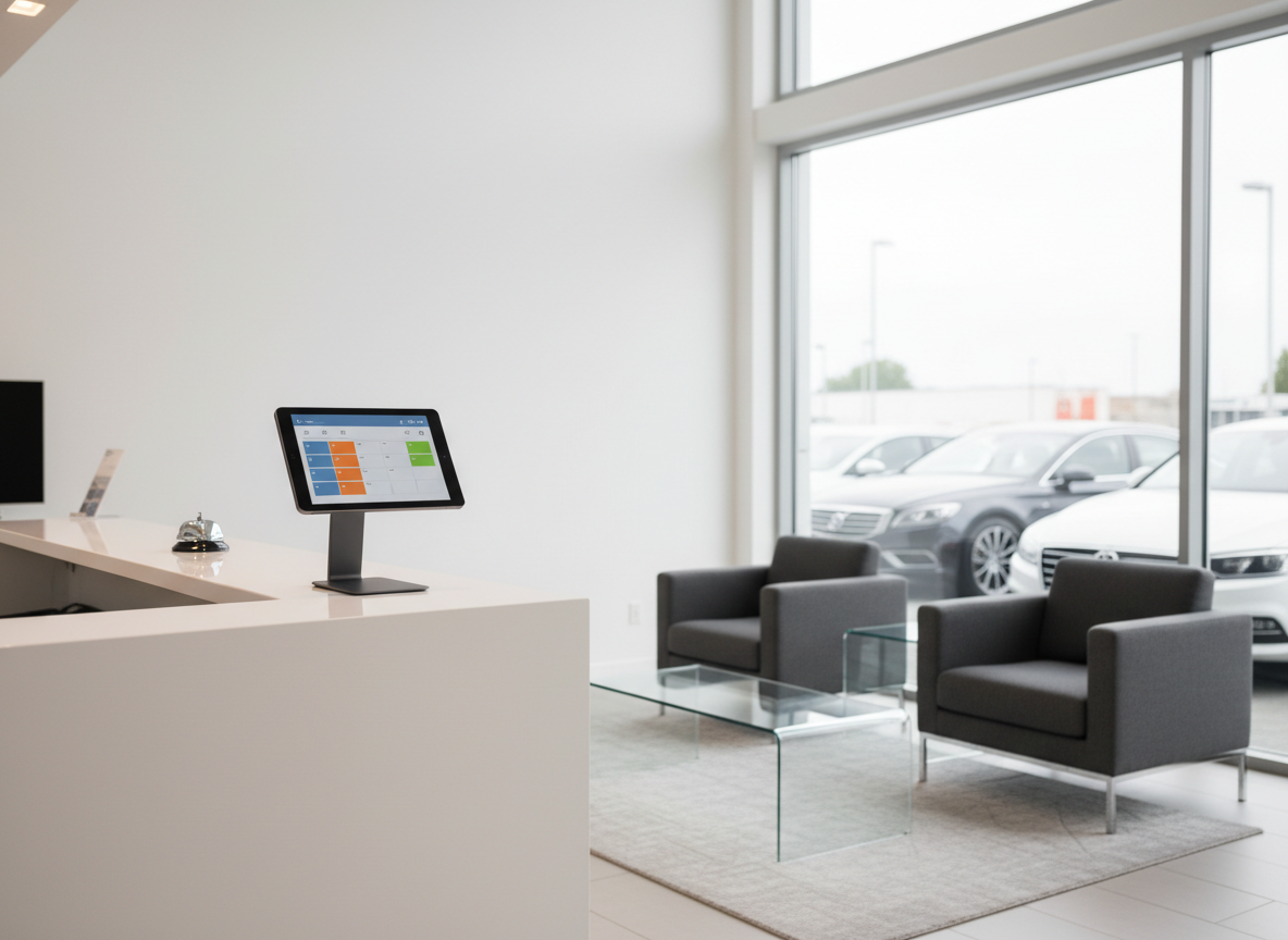 A minimalist reception and waiting area inside a car dealership, with a clean white counter, a small, generic bell, and a tablet device on a simple stand showing an abstract appointment calendar interface without legible details. Opposite the counter, two dark grey armchairs and a glass coffee table sit on a subtle rug, with a large interior window revealing a blurred row of showroom cars outside. Diffused daylight from high side windows combines with soft ceiling lights, creating an even, welcoming brightness. Photographed at eye level with balanced composition and realistic detail, the scene emphasizes easy telephone or digital appointment booking and a calm, professional atmosphere suited to serious car buyers.