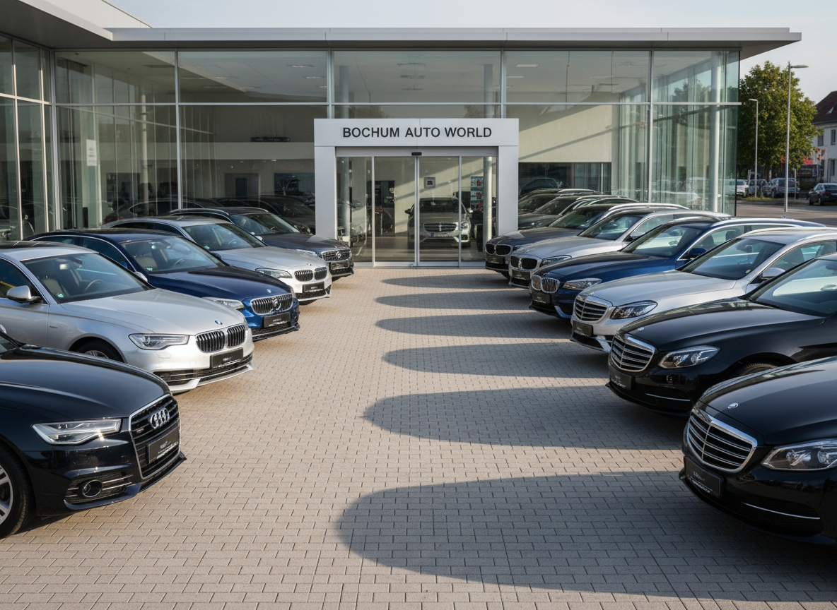 A modern car dealership forecourt in Bochum, filled with a neat row of late-model sedans and SUVs in metallic silver, deep blue, and glossy black, all freshly washed with subtle reflections on their paint. The vehicles are parked on clean paving stones in front of a low, contemporary showroom building with large glass façades and a discreet, generic sign above the entrance. Soft afternoon daylight creates crisp but gentle shadows, giving a clear, professional look. Captured at eye level with wide-angle photographic realism, the image emphasizes order, transparency, and trustworthiness in the environment, with the background slightly blurred to keep focus on the vehicles and the tidy dealership setting.