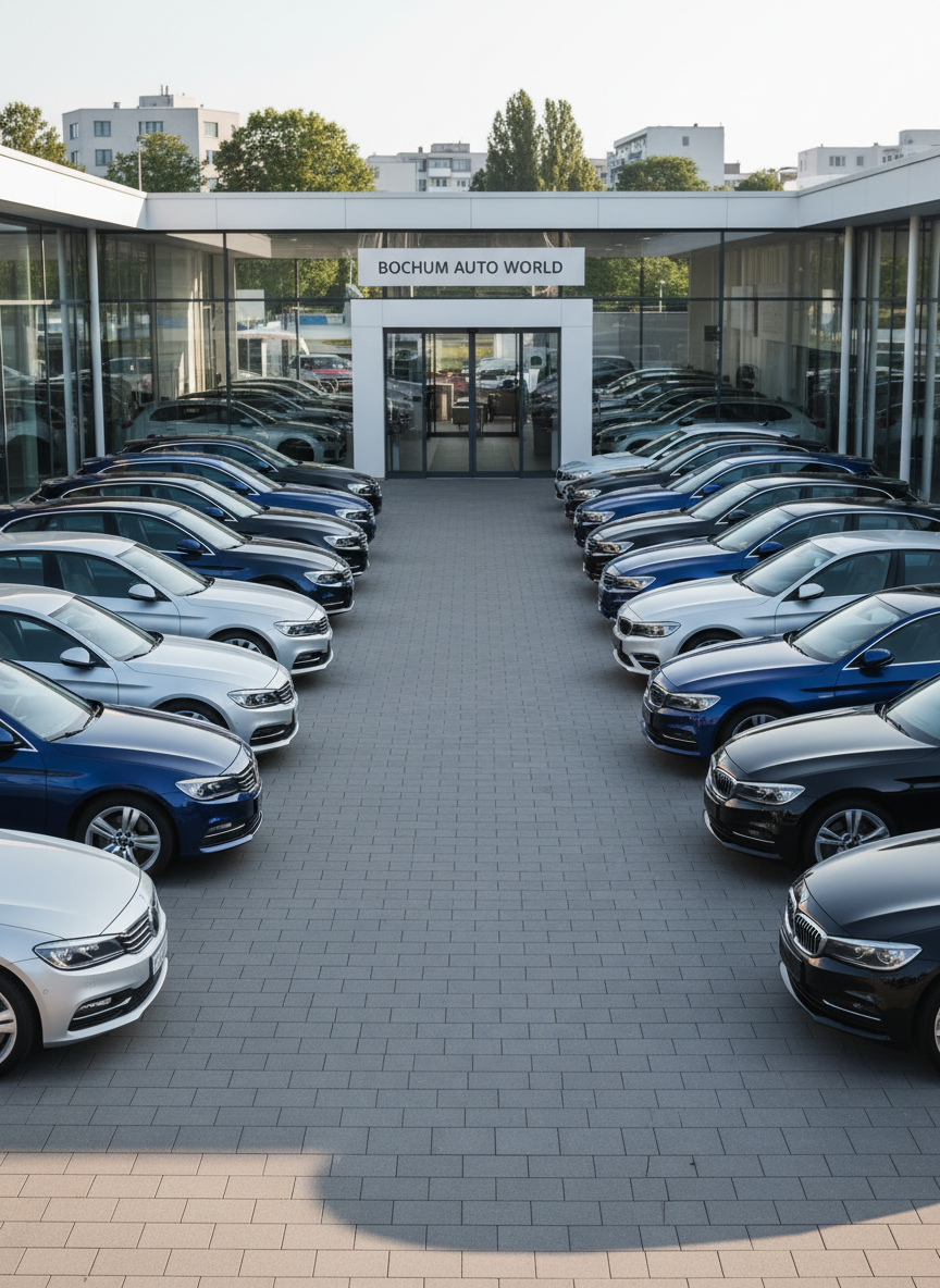 A modern car dealership forecourt in Bochum, filled with a neat row of late-model sedans and SUVs in metallic silver, deep blue, and glossy black, all freshly washed with subtle reflections on their paint. The vehicles are parked on clean paving stones in front of a low, contemporary showroom building with large glass façades and a discreet, generic sign above the entrance. Soft afternoon daylight creates crisp but gentle shadows, giving a clear, professional look. Captured at eye level with wide-angle photographic realism, the image emphasizes order, transparency, and trustworthiness in the environment, with the background slightly blurred to keep focus on the vehicles and the tidy dealership setting.